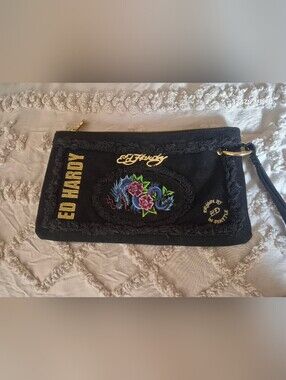 Ed Hardy Vintage Black Floral Dragon Canvas Clutch